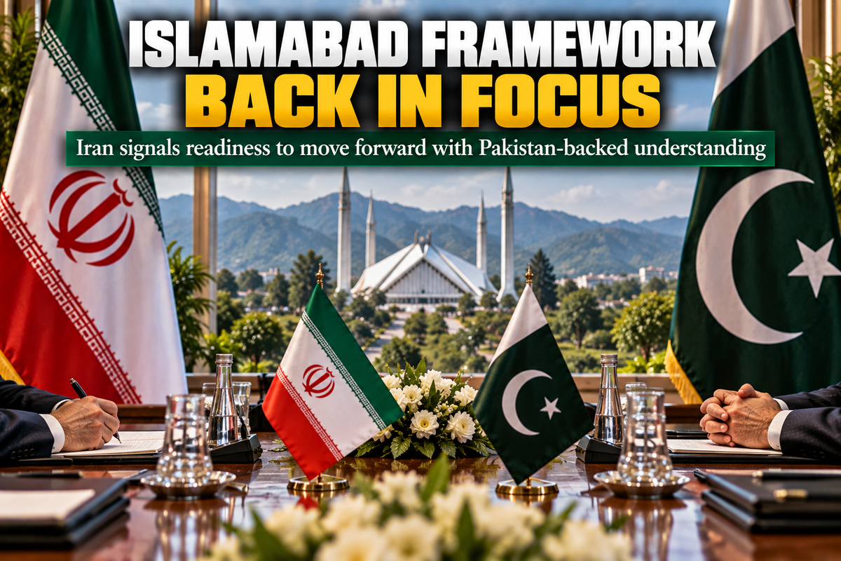AI-generated Pakistan Report editorial illustration of Pakistan-Iran diplomacy in Islamabad with the two countries' flags and Faisal Mosque.