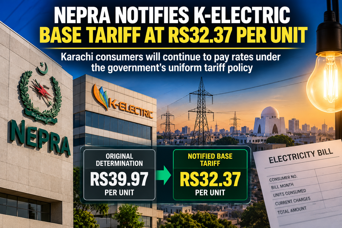 Editorial electricity-tariff graphic showing K-Electric's revised notified average base tariff of Rs32.37 per unit.