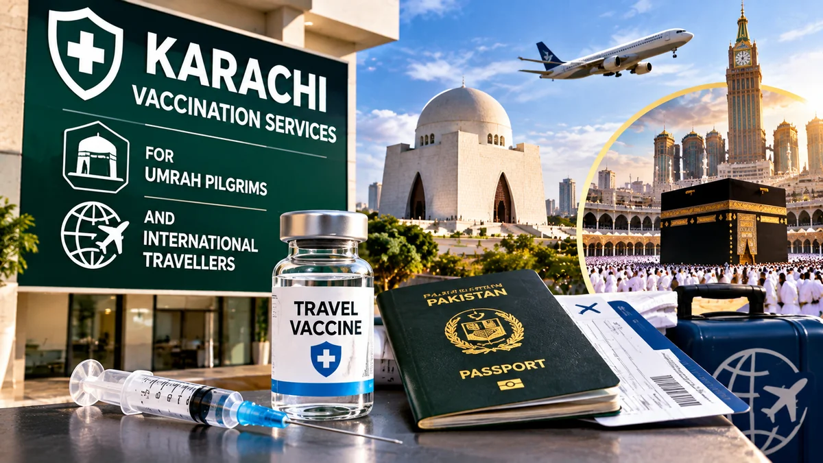 Illustration of Karachi travel vaccination services for Umrah pilgrims