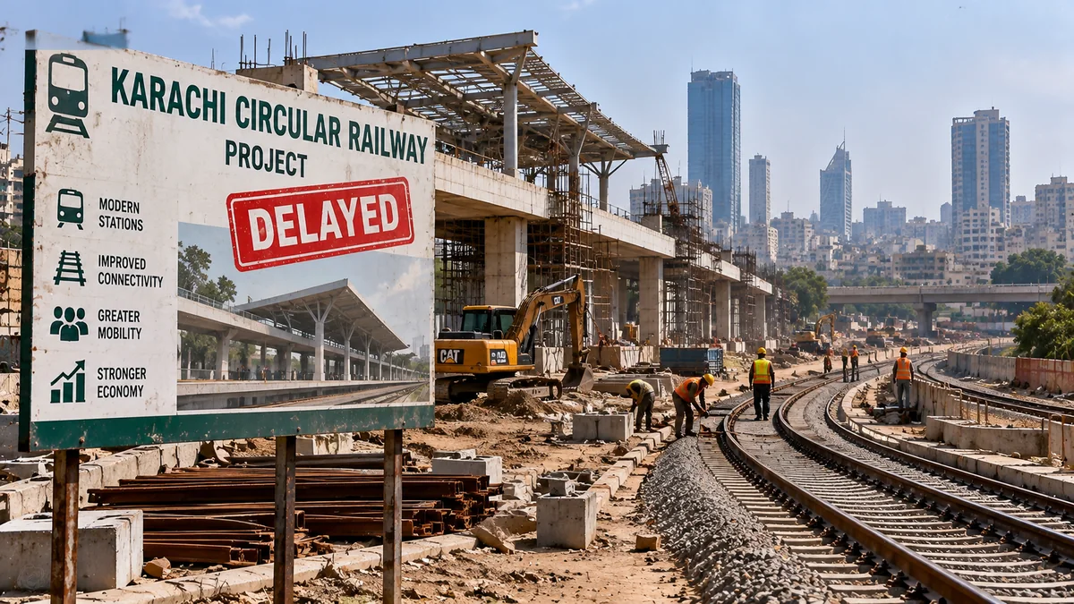 Conceptual editorial illustration accompanying Pakistan Report coverage: Sindh Chief Minister Questions Delays in Karachi Circular Railway Revival