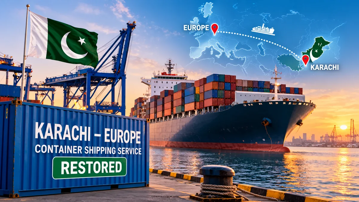 Illustration of Karachi–Europe container shipping service and maritime route