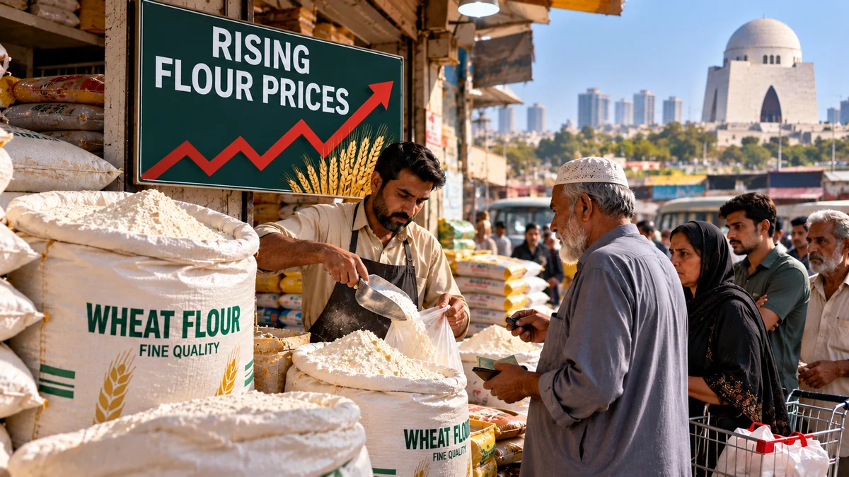 An AI-generated illustration of a Karachi flour shop, representing rising retail flour prices.