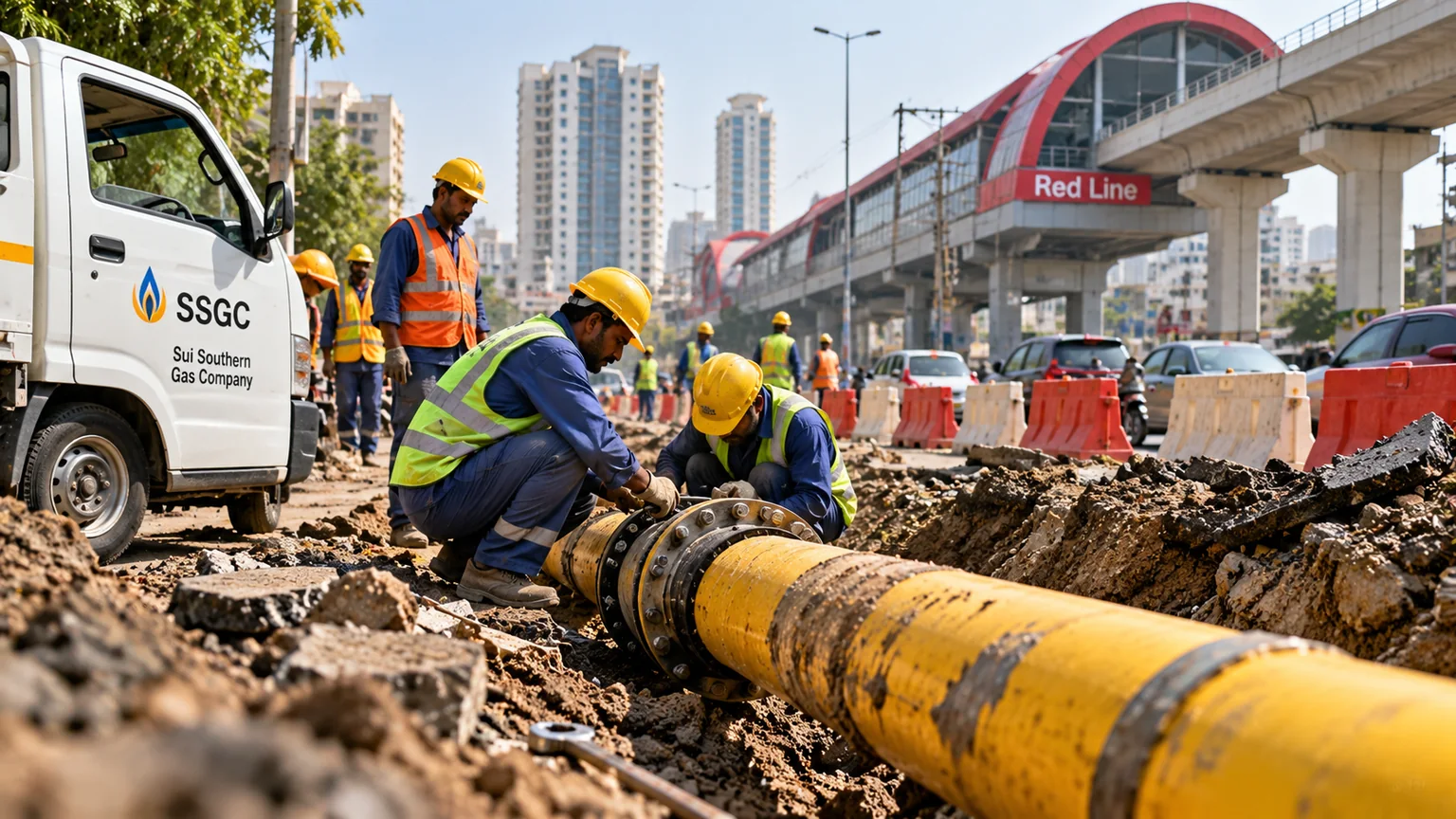 Editorial illustration accompanying Pakistan Report coverage of karachi gas supply restored after red line excavation damages pipeline.
