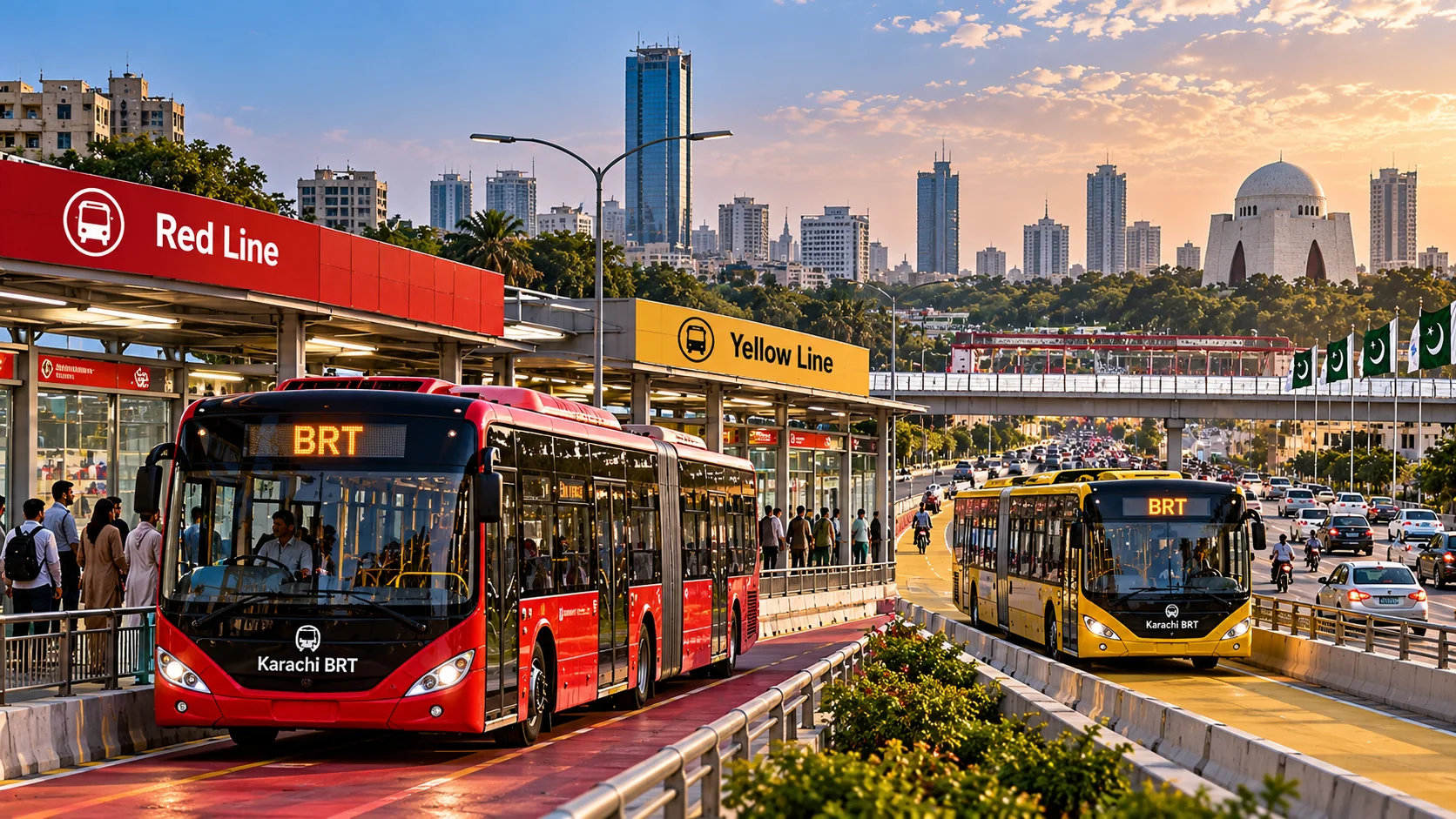 Editorial illustration of Karachi Red and Yellow Line bus rapid transit corridors.