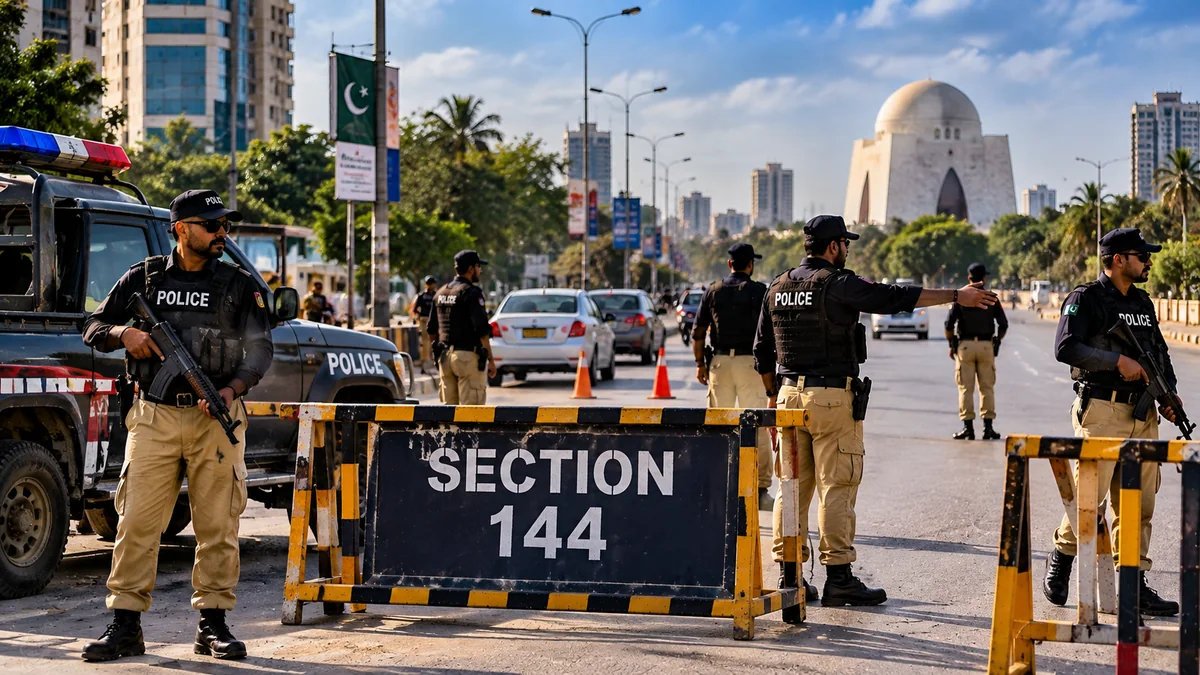 Conceptual editorial illustration accompanying Pakistan Report coverage: Karachi Restricts Gatherings of More Than Five People Under Section 144 Until October 20