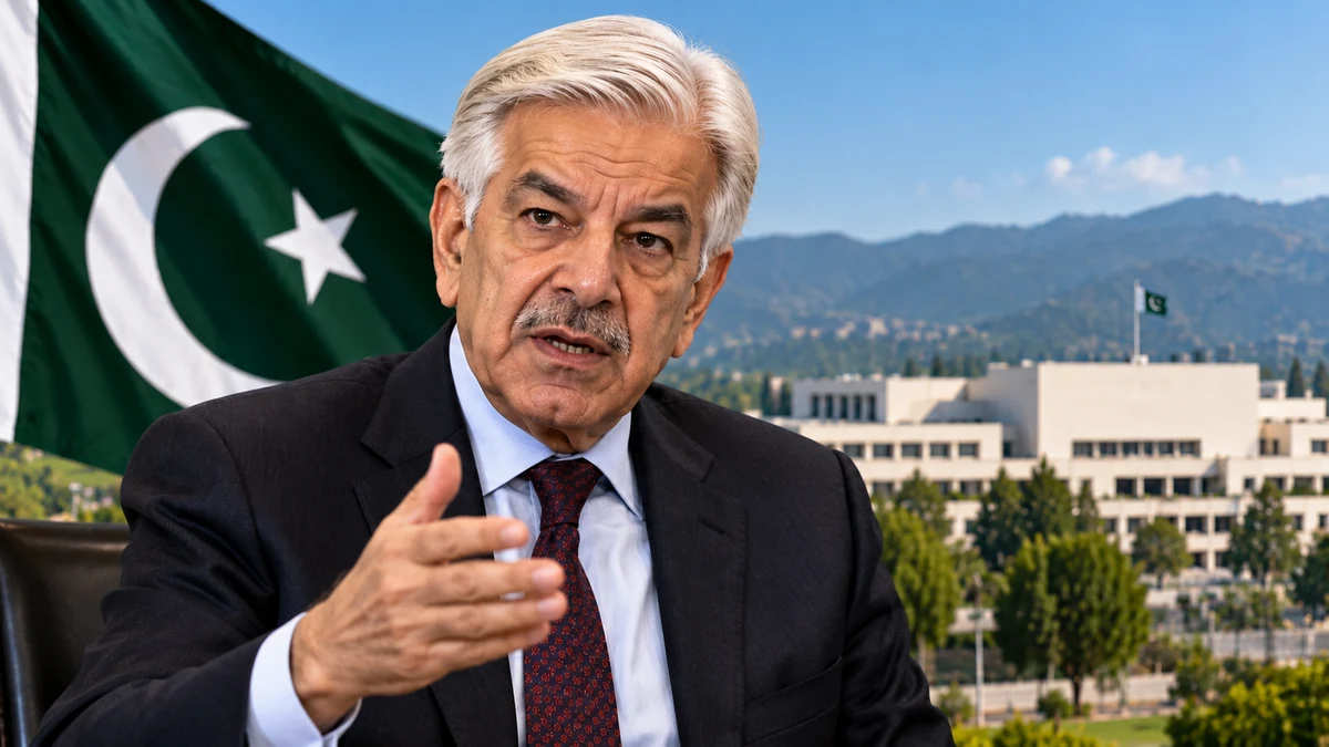 AI-generated editorial illustration depicting a likeness of Defence Minister Khawaja Asif with the Pakistan flag and government building; not an authentic photograph.