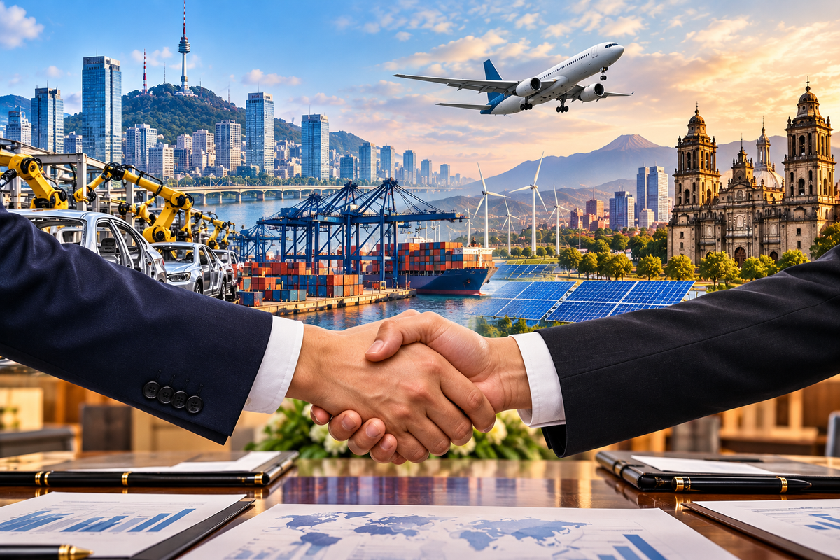 AI-generated Pakistan Report editorial illustration representing South Korea–Mexico economic and industrial cooperation.
