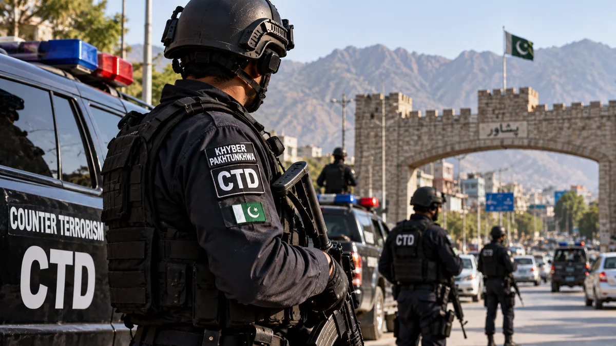 Illustration of counterterrorism officers and vehicles in Khyber Pakhtunkhwa.