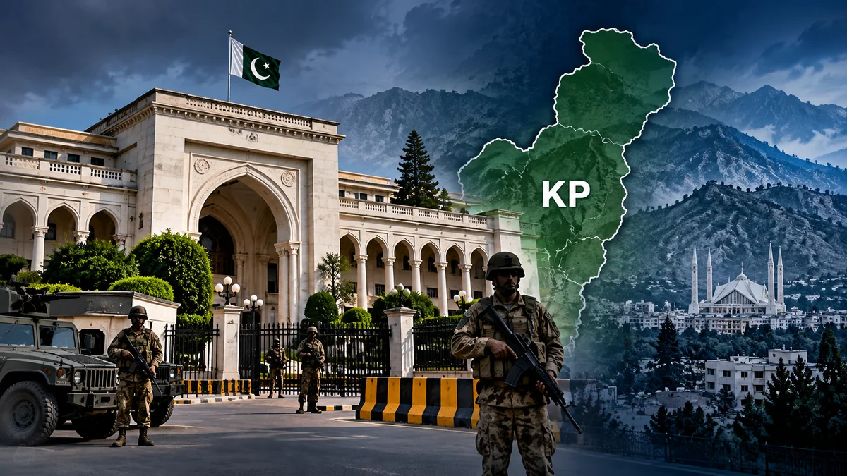 Conceptual editorial illustration accompanying Pakistan Report coverage: Pakistan Imposes Emergency and Governor’s Rule in Khyber Pakhtunkhwa