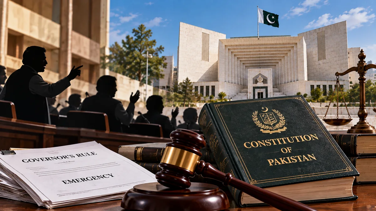 Conceptual editorial illustration accompanying Pakistan Report coverage: Opposition Rejects KP Emergency as Lawyers Debate Possible Constitutional Challenge