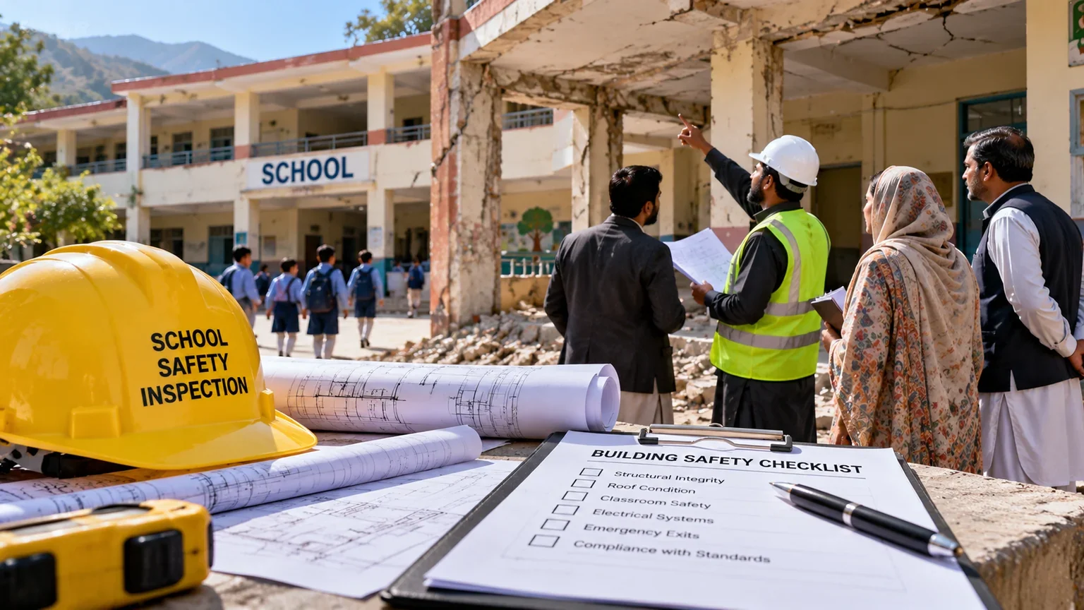 Conceptual editorial illustration for Pakistan Report coverage of kp private school safety report peshawar collapse. Not an event photograph.