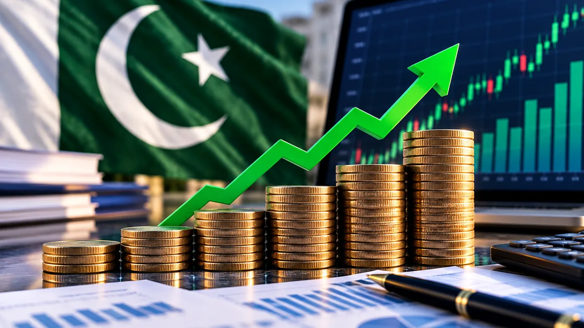 AI-generated Pakistan Report editorial illustration of rising charts and coin stacks representing growth in earnings among KSE-100 companies.