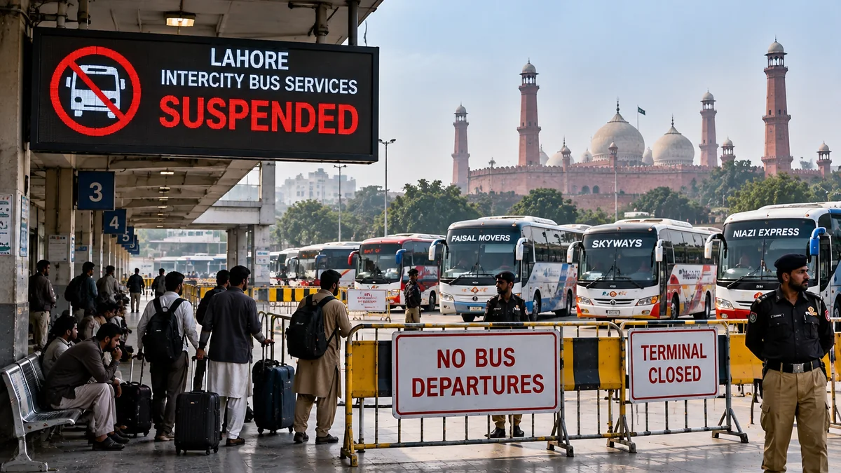 Conceptual editorial illustration accompanying Pakistan Report coverage: Intercity Bus Services Suspended in Lahore as Terminal Closures Disrupt Travel