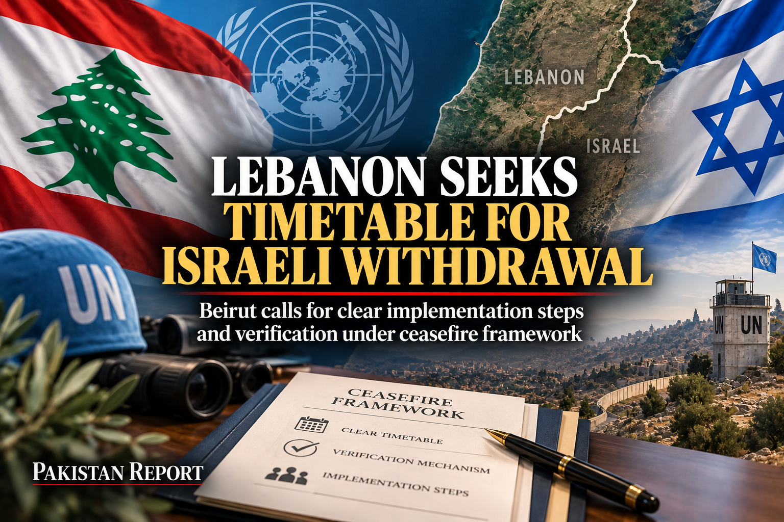 Pakistan Report editorial illustration representing Lebanon's call for a timetable and verification mechanism under the ceasefire framework with Israel.