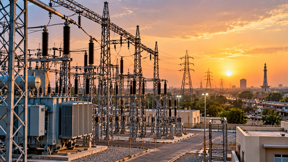 AI-generated Pakistan Report editorial illustration of a high-voltage electricity substation and transmission network representing new LESCO 132kV grid stations in Lahore.