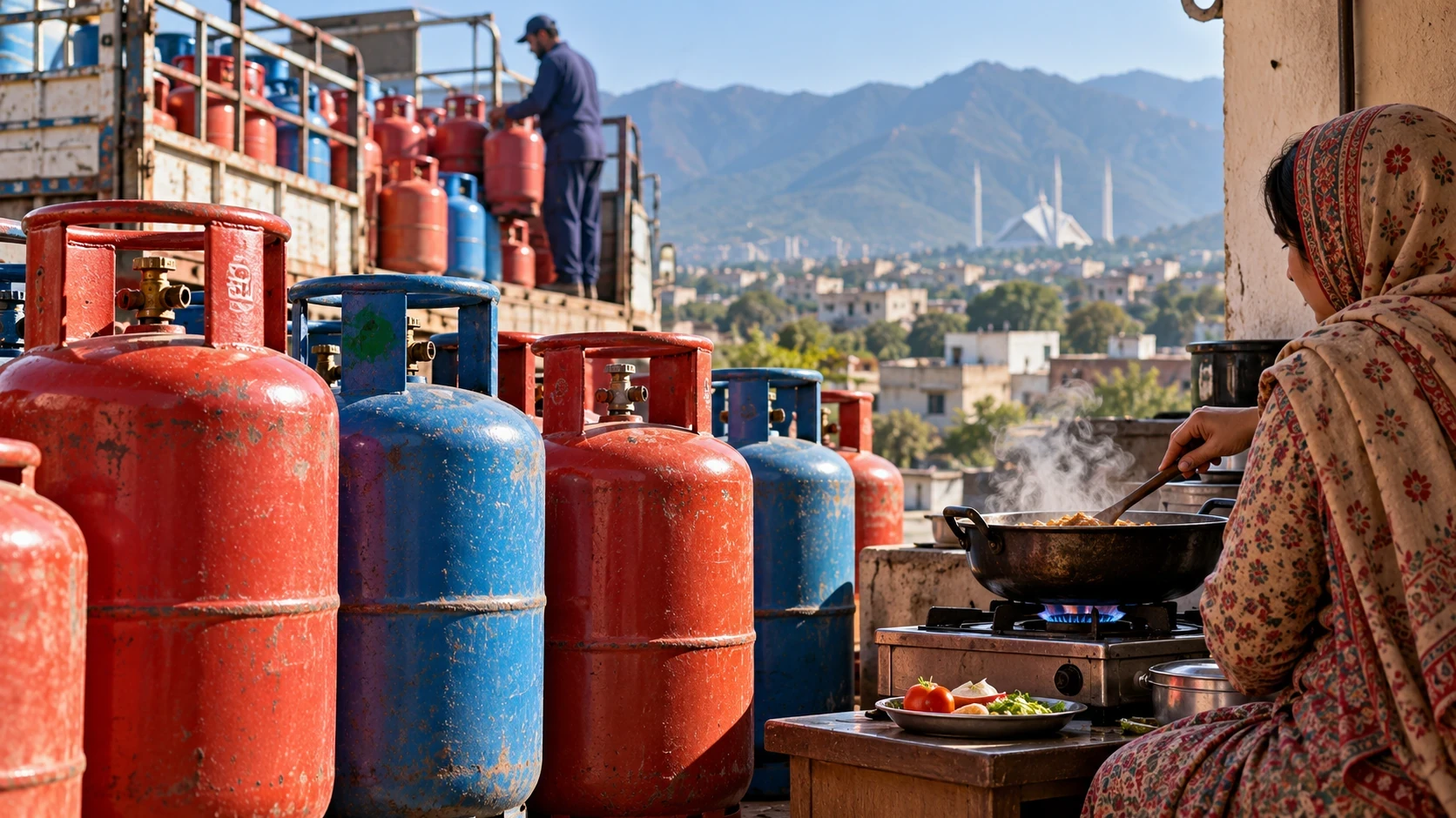 Editorial illustration of LPG cylinders and household cooking in Pakistan.