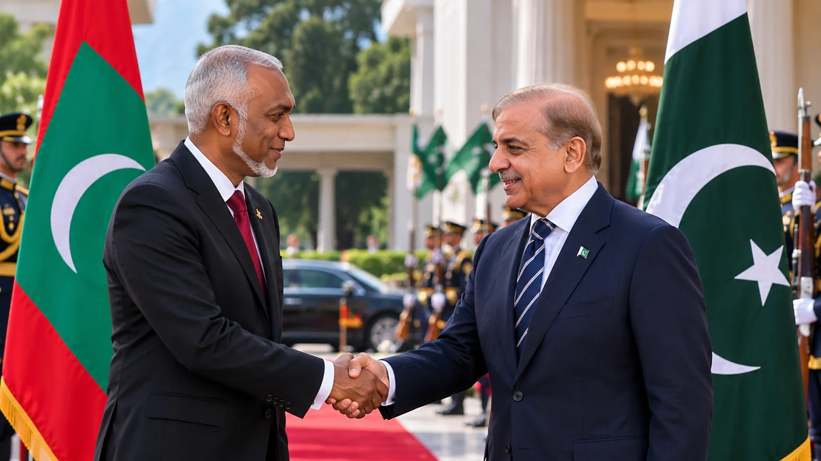 AI-generated illustration of a Pakistan-Maldives diplomatic greeting; not a photograph of President Muizzu's upcoming visit.