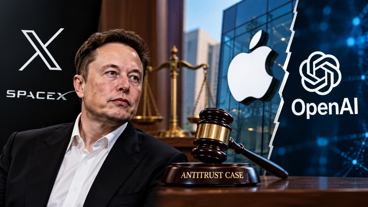 Editorial illustration representing the Musk, Apple and OpenAI antitrust dispute