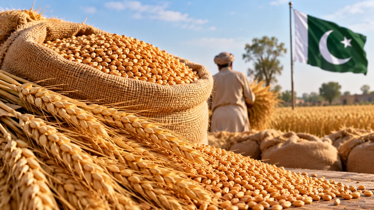 AI-generated Pakistan Report editorial illustration representing wheat production and the proposed wheat support price in Pakistan.