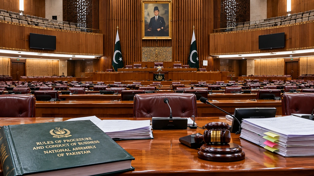 Pakistan Report illustration of an empty parliamentary chamber and documents; not a photograph of the speaker or detained lawmakers.