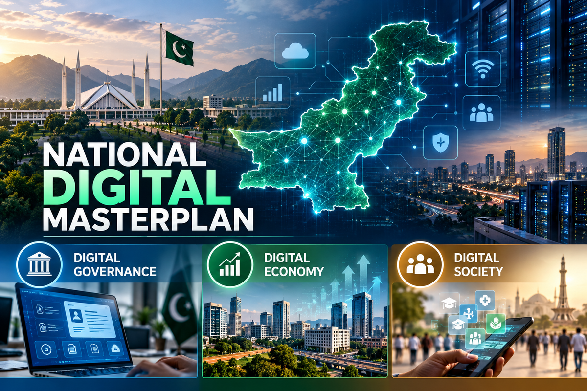 AI-generated Pakistan Report editorial illustration representing Pakistan's National Digital Masterplan and its digital governance, economy and society pillars.