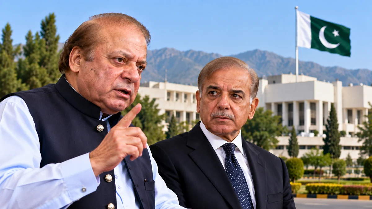 Editorial composite illustration depicting Nawaz Sharif and Shehbaz Sharif outside a government building; not an actual joint appearance.
