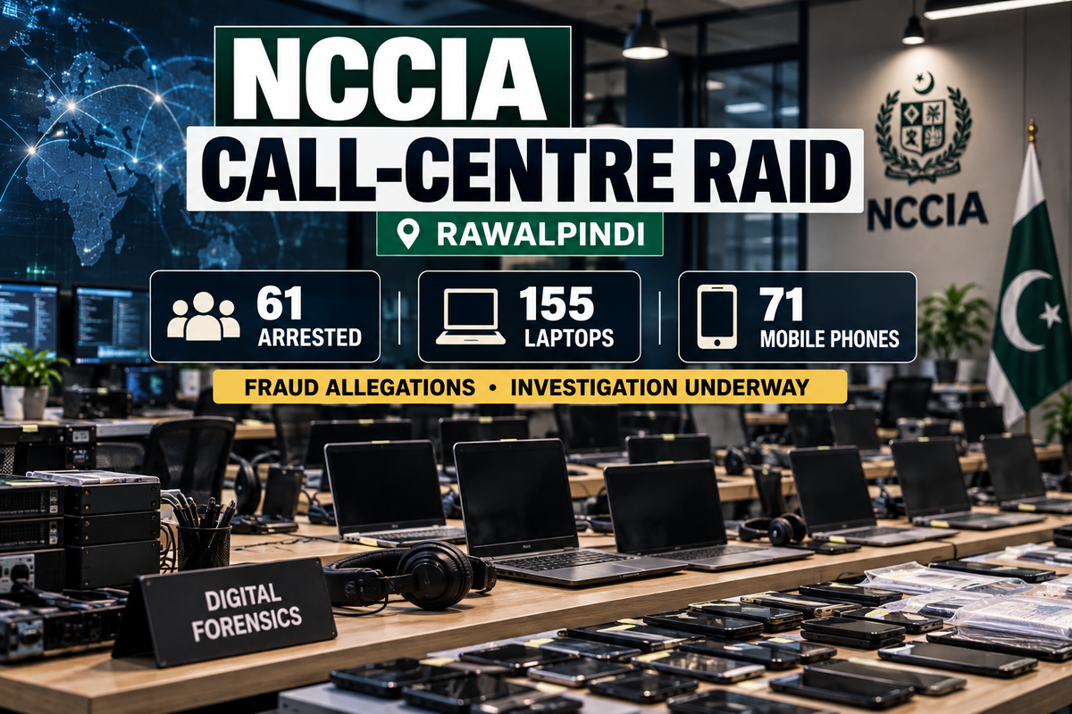AI-generated Pakistan Report editorial illustration representing an NCCIA call-centre raid and digital-forensics investigation in Rawalpindi.