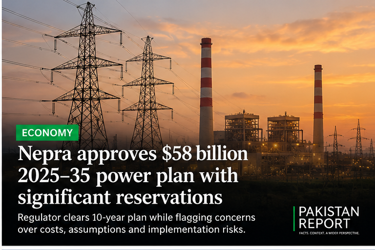 Editorial illustration of Pakistan's electricity grid, transmission towers and power generation infrastructure