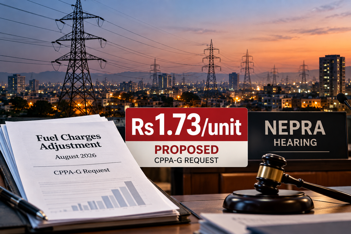 AI-generated Pakistan Report editorial illustration representing CPPA-G's proposed August 2026 fuel charges adjustment before NEPRA.