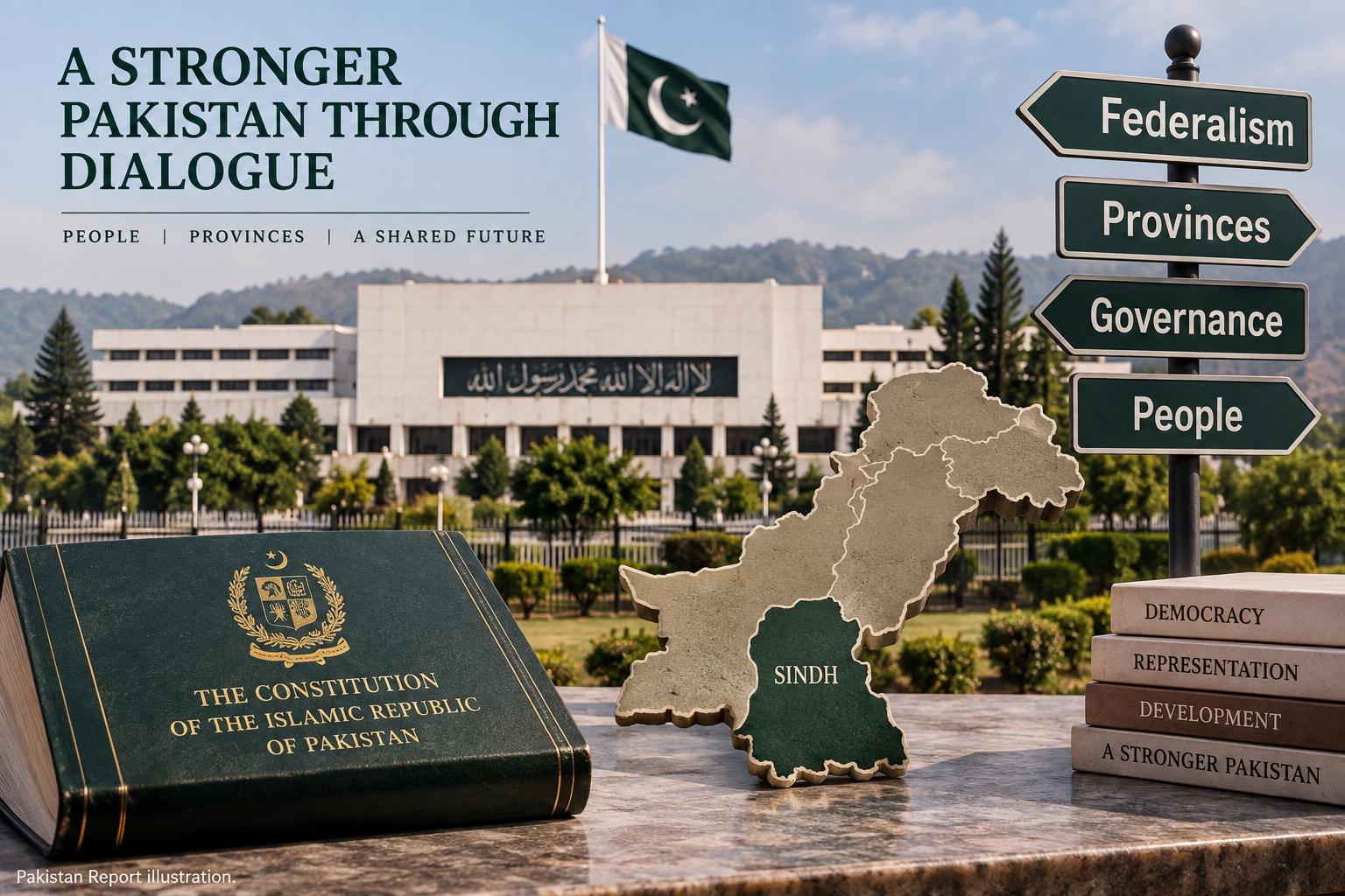 Pakistan Report illustration representing Pakistan's debate over federalism, provincial boundaries and constitutional safeguards.