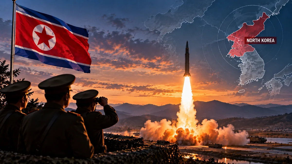 Conceptual editorial illustration accompanying Pakistan Report coverage: North Korea Fires Multiple Ballistic Missiles Toward Eastern Waters, South Korea Says