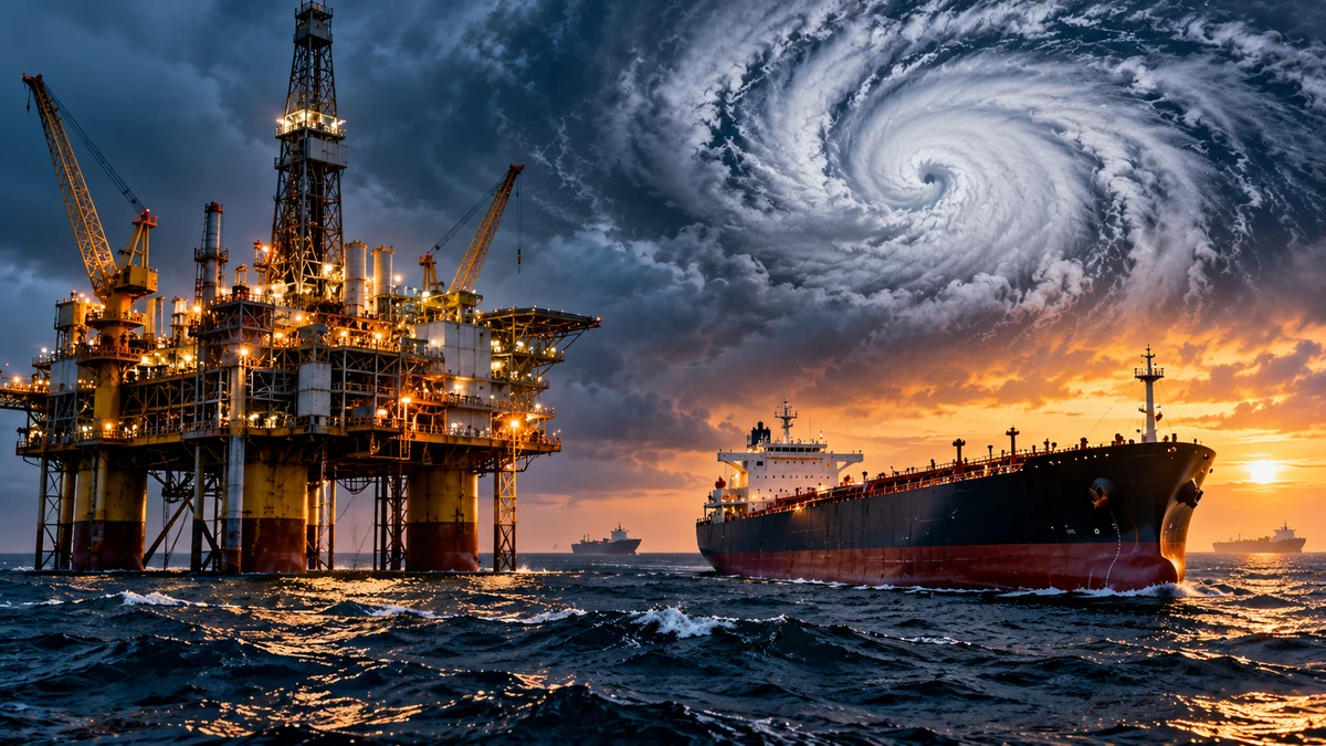 AI-generated Pakistan Report editorial illustration showing an offshore oil platform, a crude tanker and a major storm over the sea.