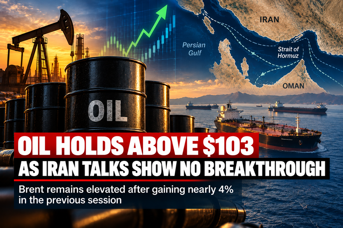 Editorial energy-market illustration showing oil, tankers and the Strait of Hormuz as Brent remains above $103.