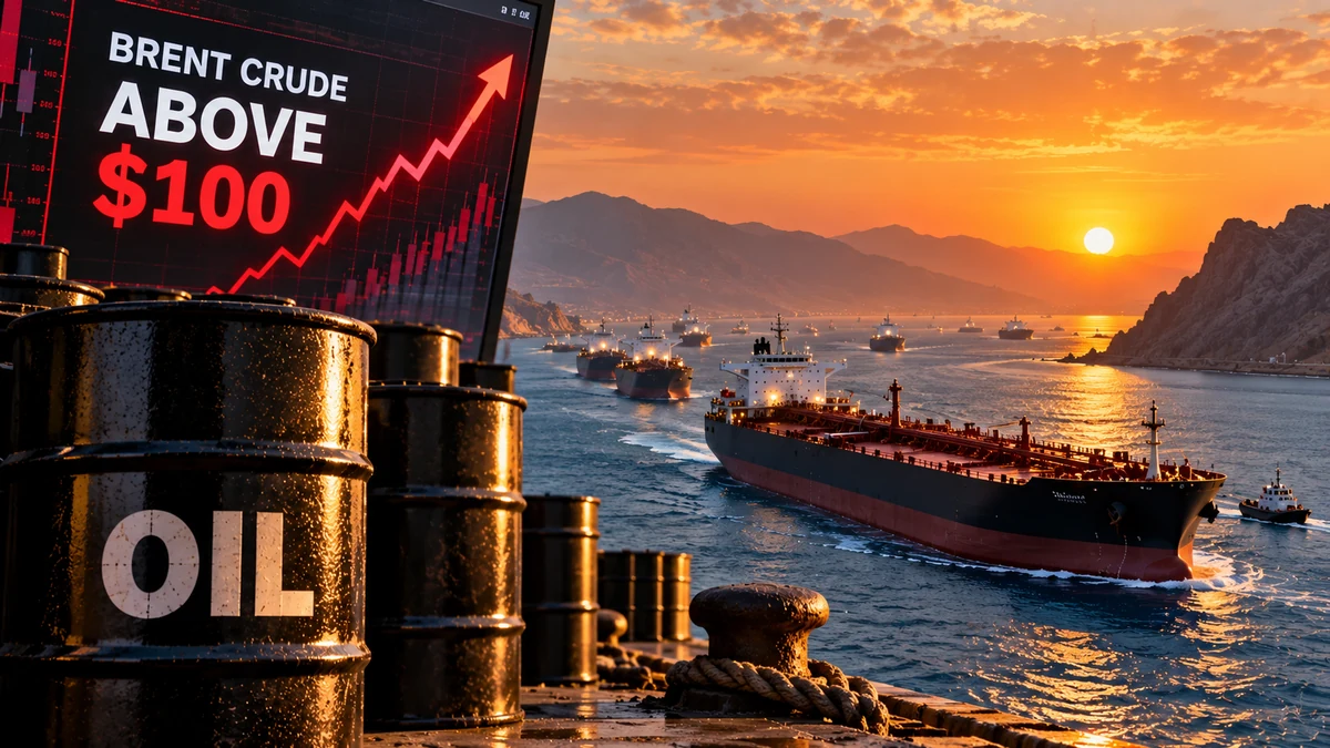 AI-generated Pakistan Report editorial illustration of oil tankers, oil barrels and a market display showing Brent crude above $100.