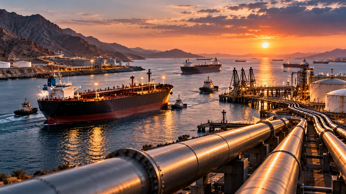 AI-generated Pakistan Report editorial illustration showing crude tankers, pipelines and a large oil export terminal.
