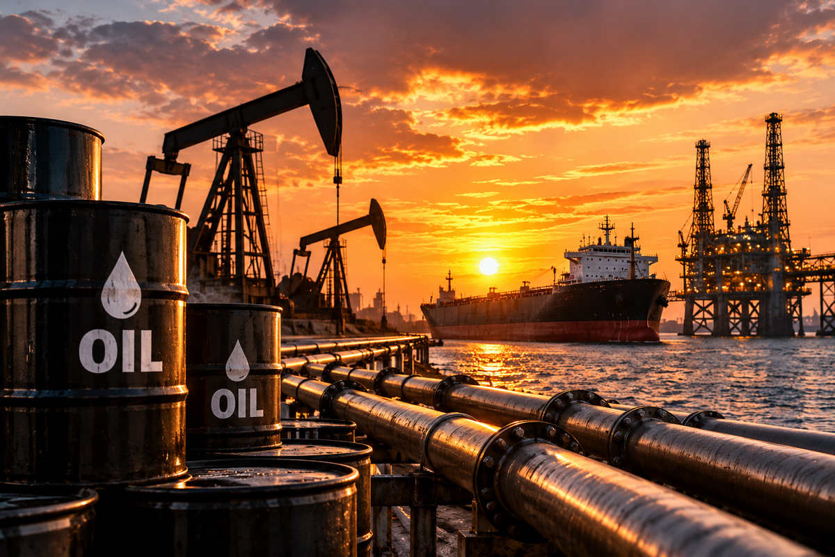 AI-generated Pakistan Report editorial illustration of oil infrastructure, barrels, pumpjacks and a tanker.