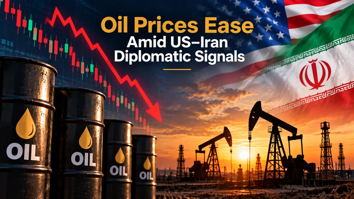 Illustration of oil production, a falling price trend and US–Iran diplomatic signals.