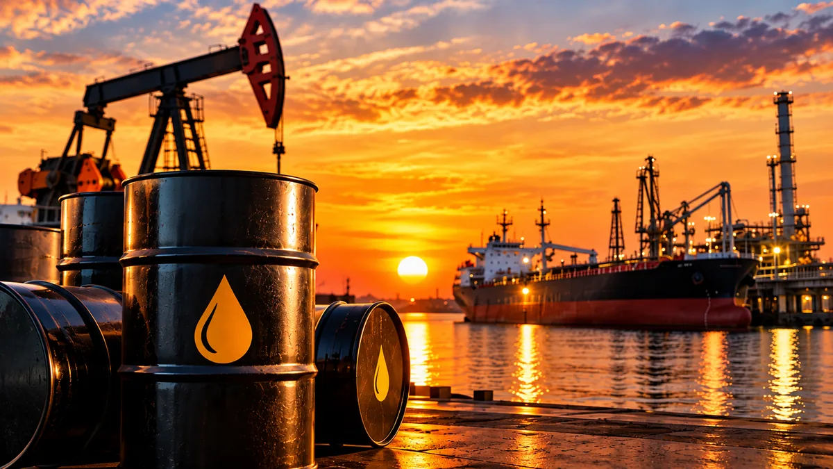 AI-generated Pakistan Report editorial illustration of oil barrels, a pumpjack and tanker representing global crude prices and supply.