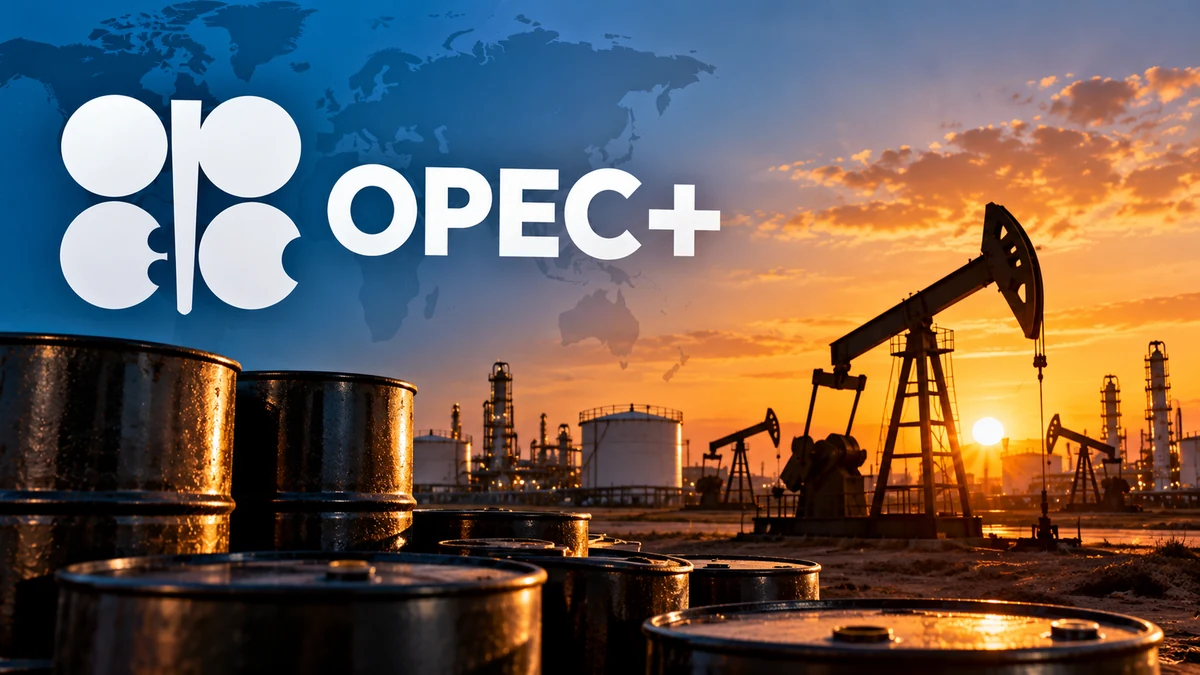 AI-generated Pakistan Report editorial illustration showing OPEC+ branding, oil barrels, pumpjacks, storage tanks and refinery infrastructure.