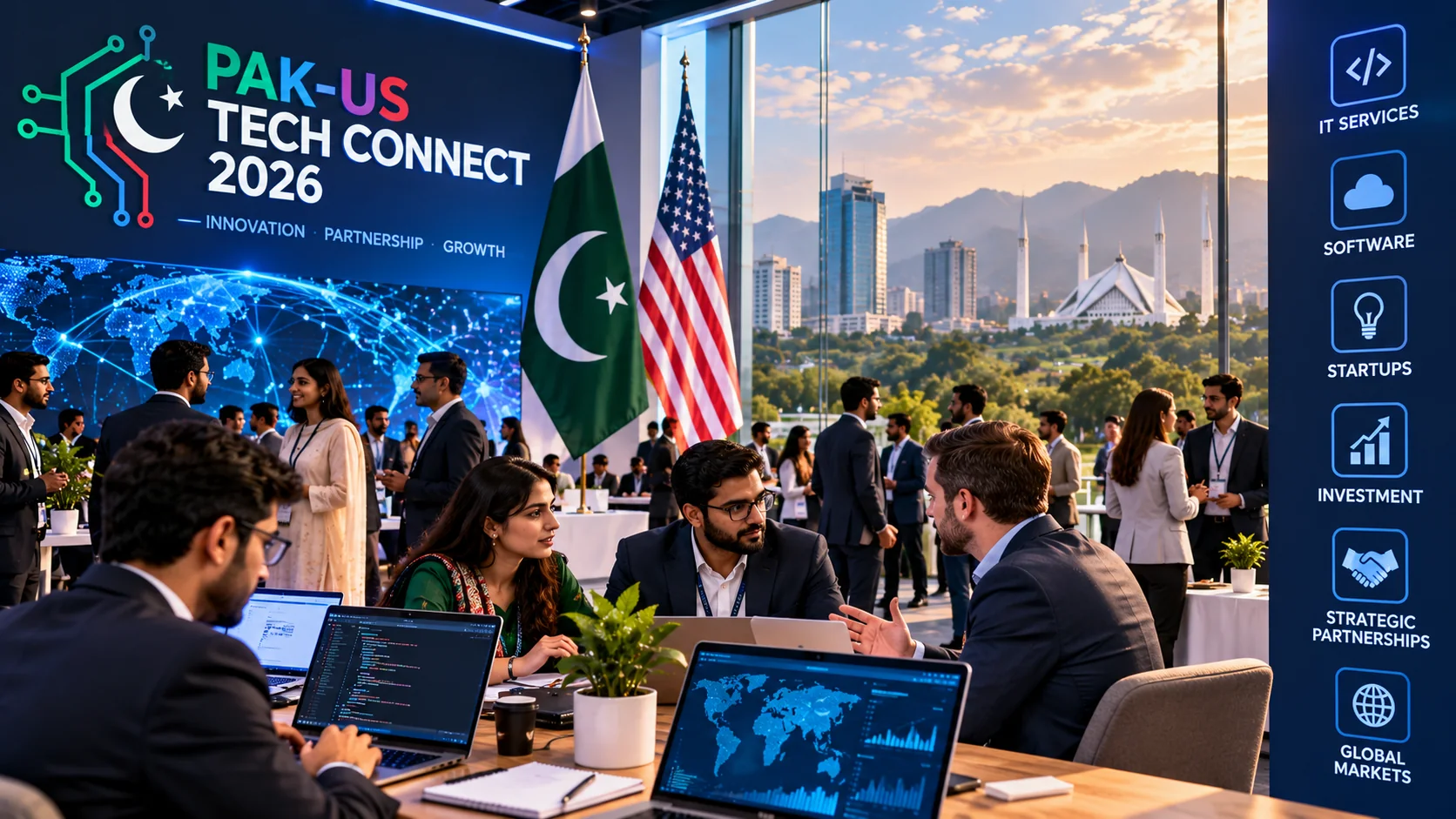 Editorial illustration of Pakistan–US technology partnerships and software exports.