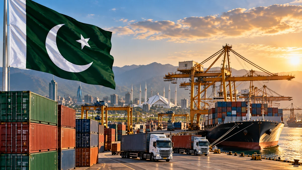 Pakistan Report editorial illustration of a Pakistani cargo port with containers, cranes and a cargo vessel representing exports and trade.