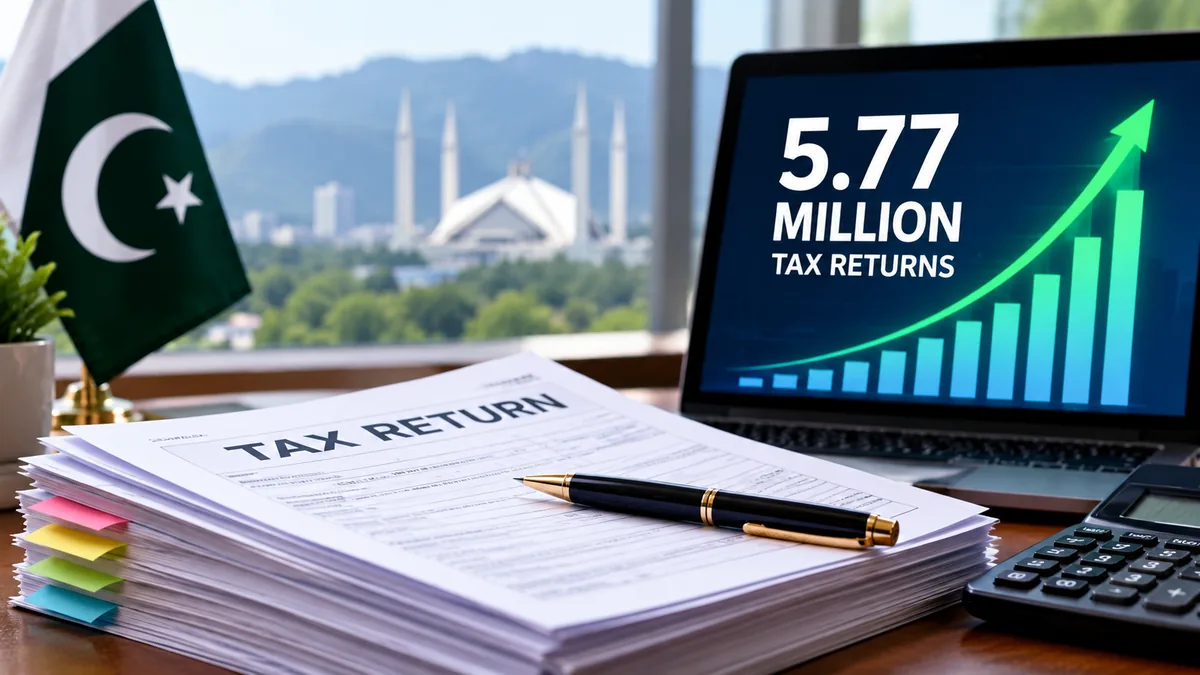 AI-generated Pakistan Report editorial illustration of tax-return paperwork and a 5.77 million filing graphic representing Pakistan's rise in income tax returns.