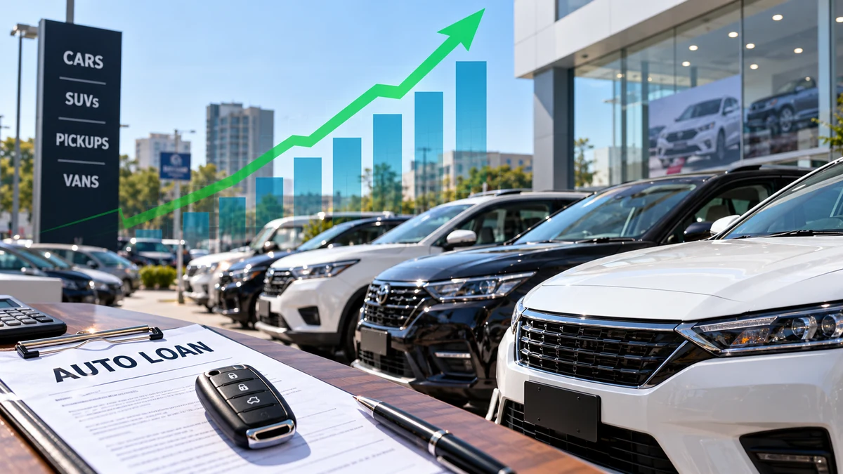 Illustration of a car dealership, an auto loan document and an upward financing graphic.