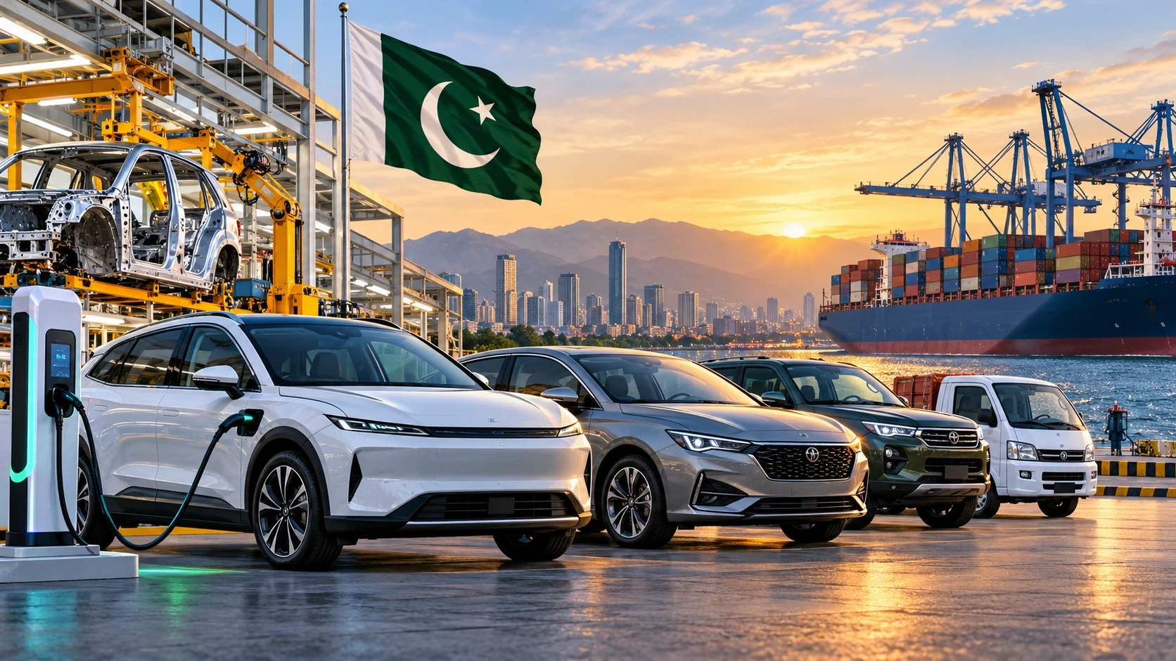 Editorial illustration of Pakistan’s auto manufacturing, electric vehicles and exports.