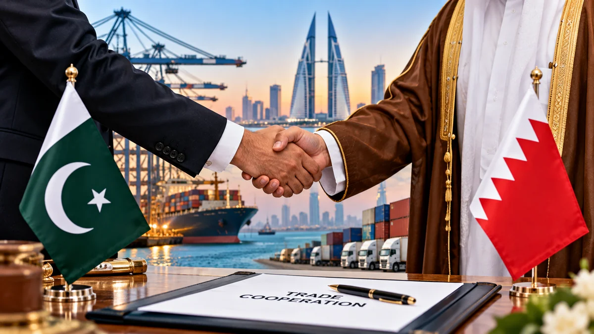 Symbolic Pakistan–Bahrain handshake with flags and international shipping.