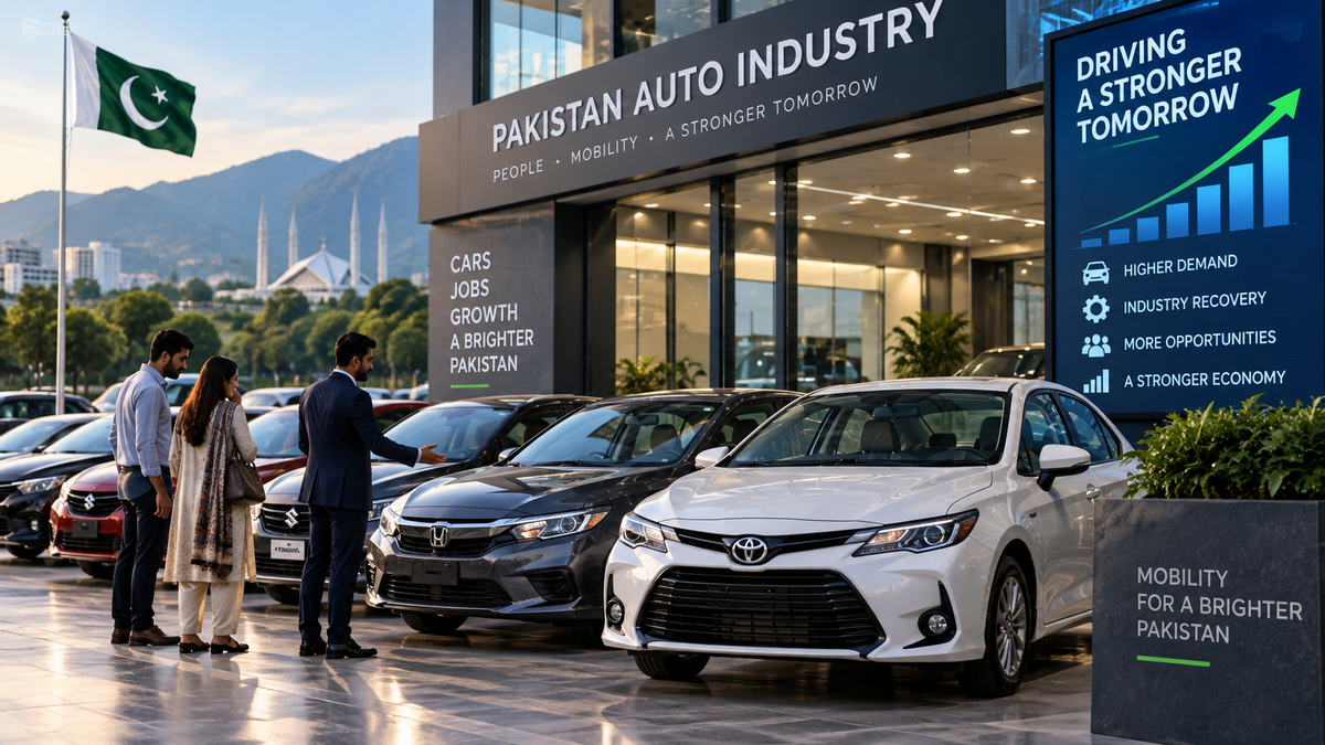Editorial illustration of new cars at a Pakistani automotive showroom