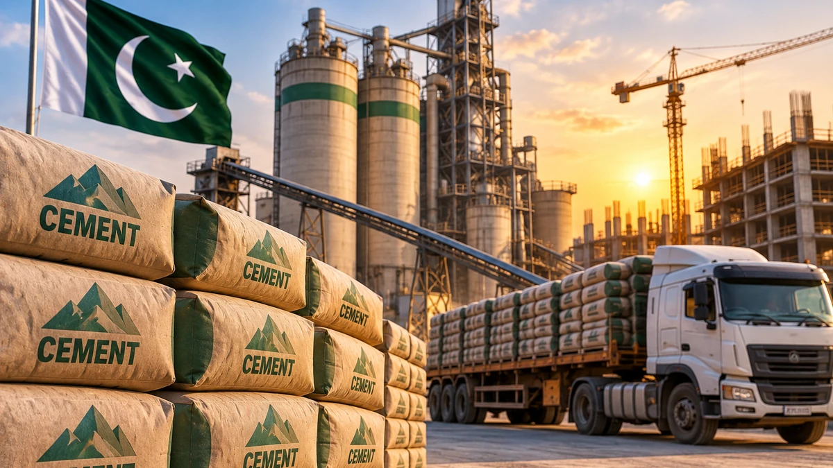 AI-generated Pakistan Report editorial illustration showing cement production, dispatch and construction activity in Pakistan.