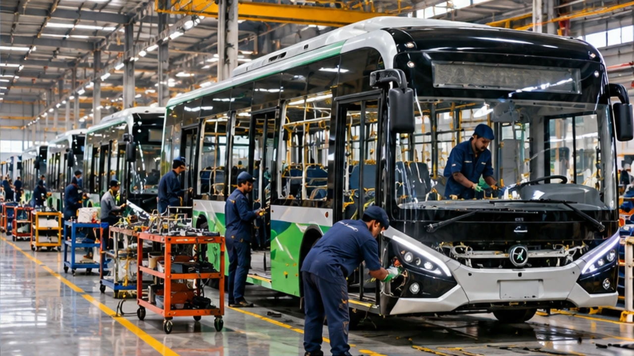 Pakistan Report illustration of electric buses undergoing assembly in a factory