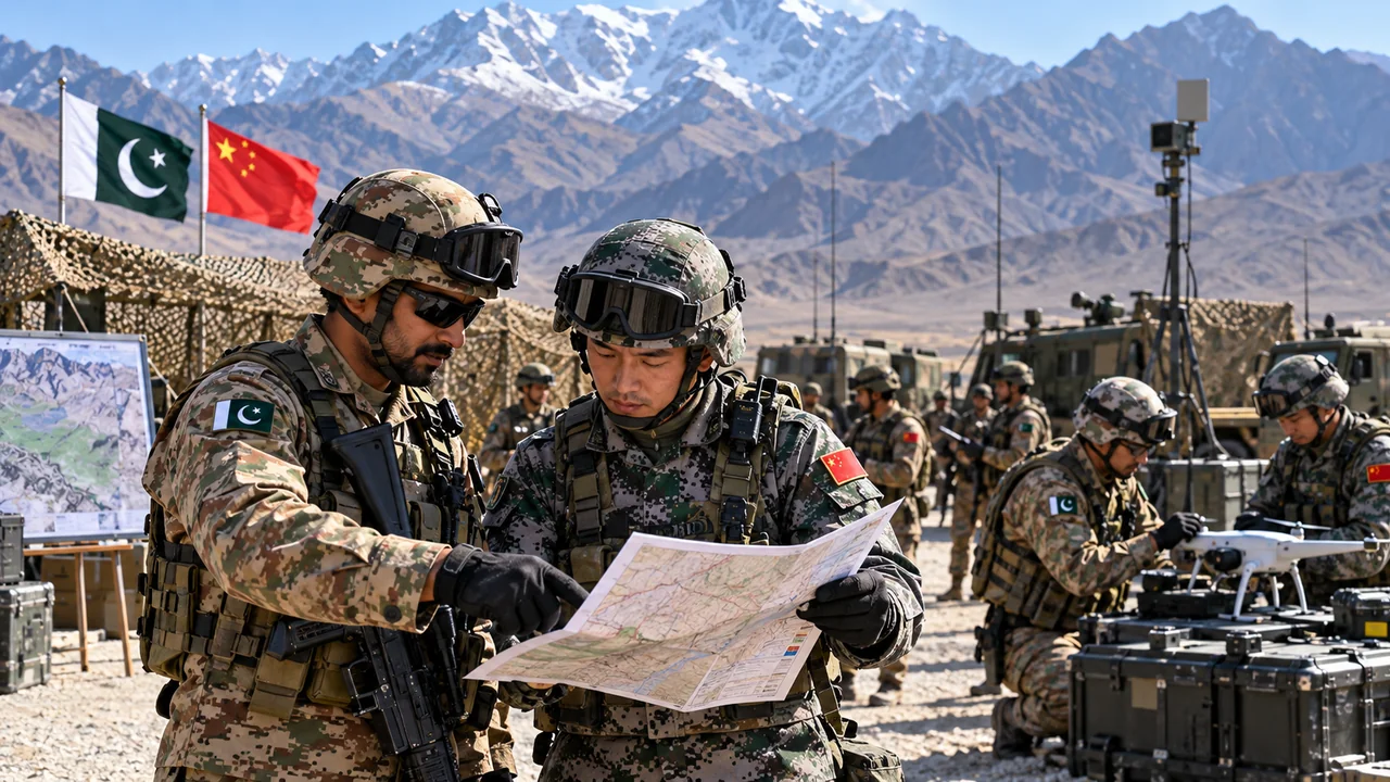 Pakistan Report Illustration depicting pakistan and china begin karakoram 2026 joint army training in xinjiang