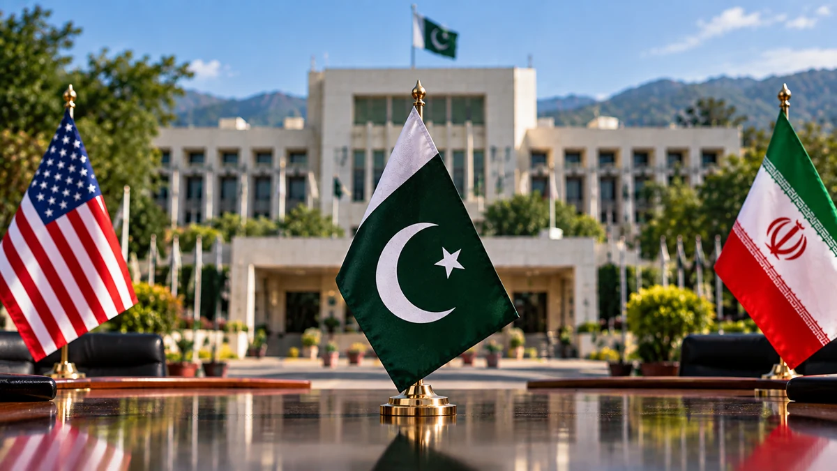 AI-generated Pakistan Report editorial illustration representing Pakistan's diplomatic position between the United States and Iran.